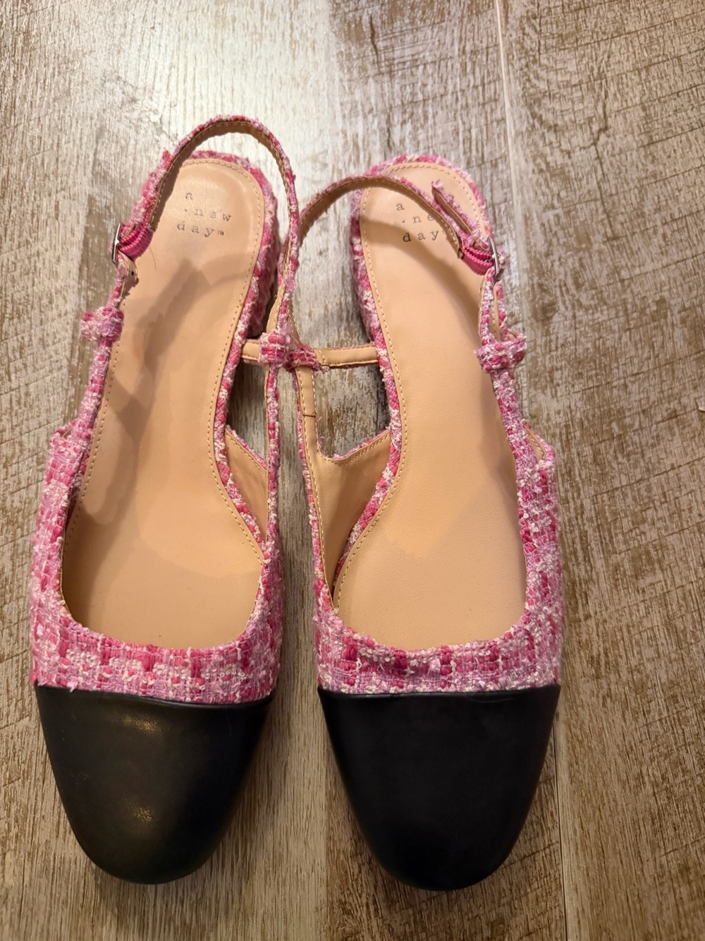 a new day Pink Tweed Slingback Flats with Black Cap Toe